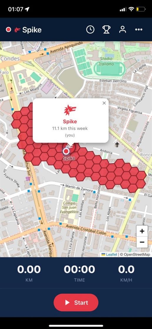 Pawmark: territorio recorrido en celdas hexagonales sobre el mapa